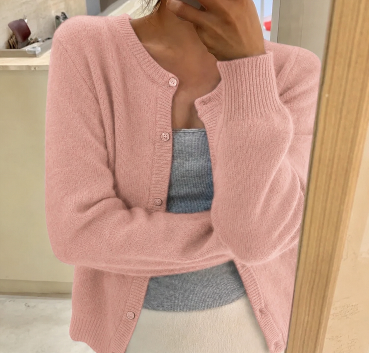 Women's Soft Knit Cardigan Button Front Round Neck Cropped Layer Casual Winter - Lolly 