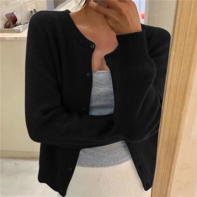 Women's Soft Knit Cardigan Button Front Round Neck Cropped Layer Casual Winter - Lolly 