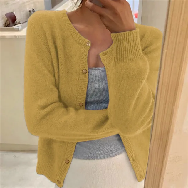 Women's Soft Knit Cardigan Button Front Round Neck Cropped Layer Casual Winter - Lolly 