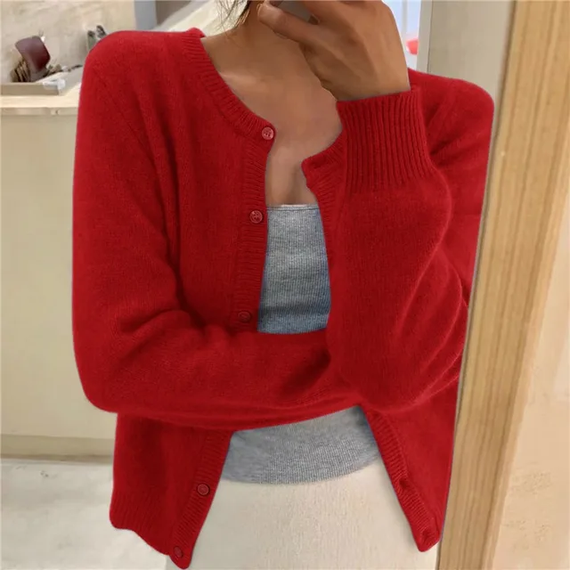 Women's Soft Knit Cardigan Button Front Round Neck Cropped Layer Casual Winter - Lolly 