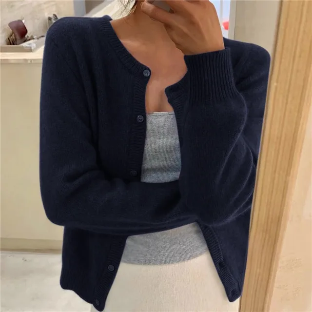 Women's Soft Knit Cardigan Button Front Round Neck Cropped Layer Casual Winter - Lolly 