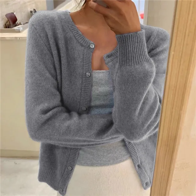 Women's Soft Knit Cardigan Button Front Round Neck Cropped Layer Casual Winter - Lolly 