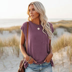 Women's Solid Casual Short Sleeve T-Shirt Crew Neck Pocket Tee Everyday Boho Beach Summer Relaxed Fit – Pin - Lolly 