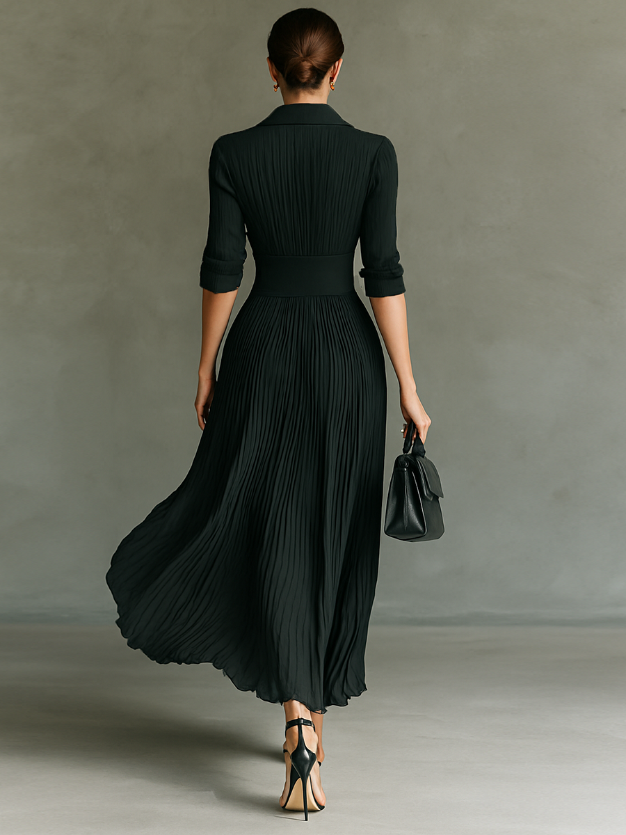 Women's Solid Color Pleated Maxi Dress Lapel Belted Waist Long Sleeve Elegant Casual – Black - Lolly 