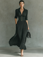 Women's Solid Color Pleated Maxi Dress Lapel Belted Waist Long Sleeve Elegant Casual – Black - Lolly 