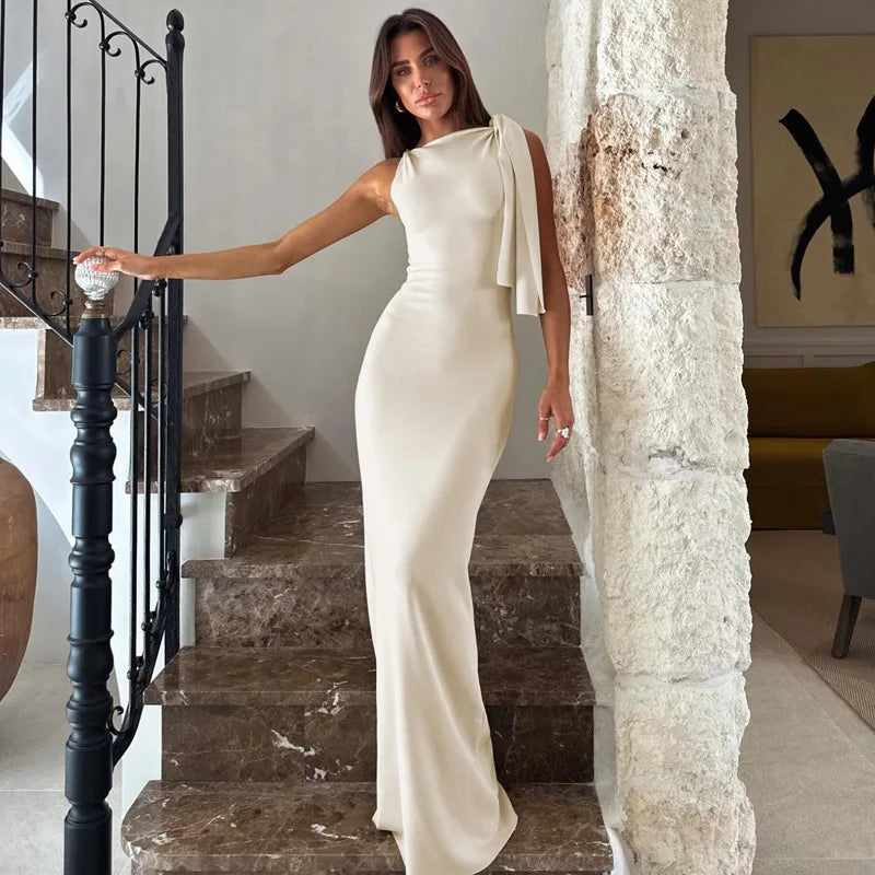 Women's Solid O-Neck Sleeveless Patchwork Bodycon Long Dress Slim Fit A-Line Formal Evening Party Date Night Wedding Guest Gala – Naomi - Lolly 