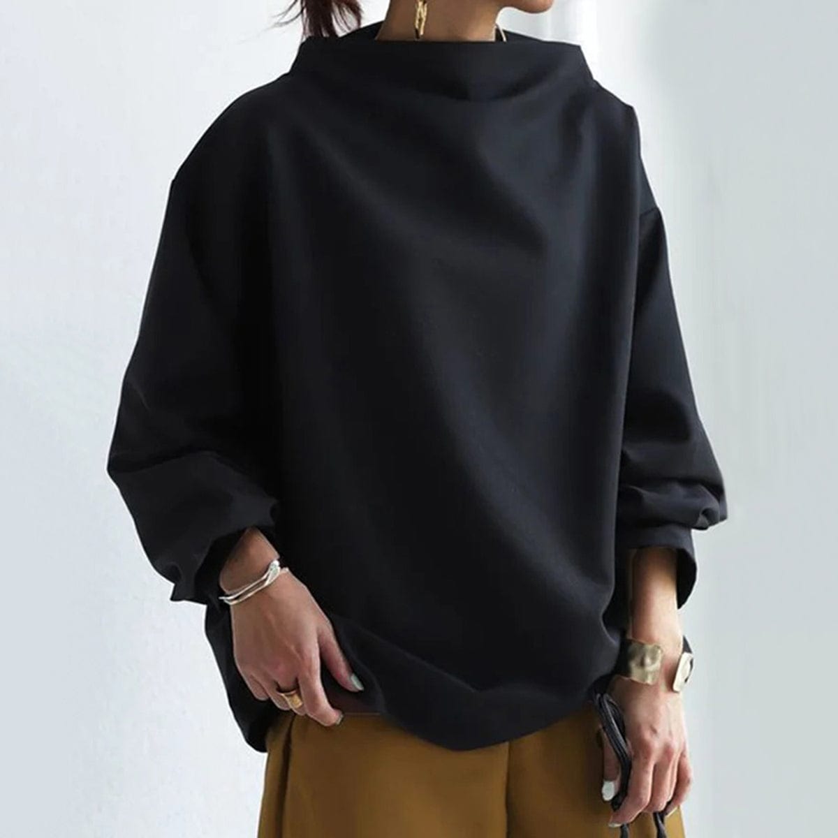 Women's Sophisticated High Neck Top Relaxed Silhouette Long Sleeve Casual Elegant – Renli - Lolly 