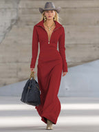 Women's Sporty V-Neck Zip Long Dress Long Sleeve Fitted Casual Formal Party Cowgirl Elegant - Lolly 