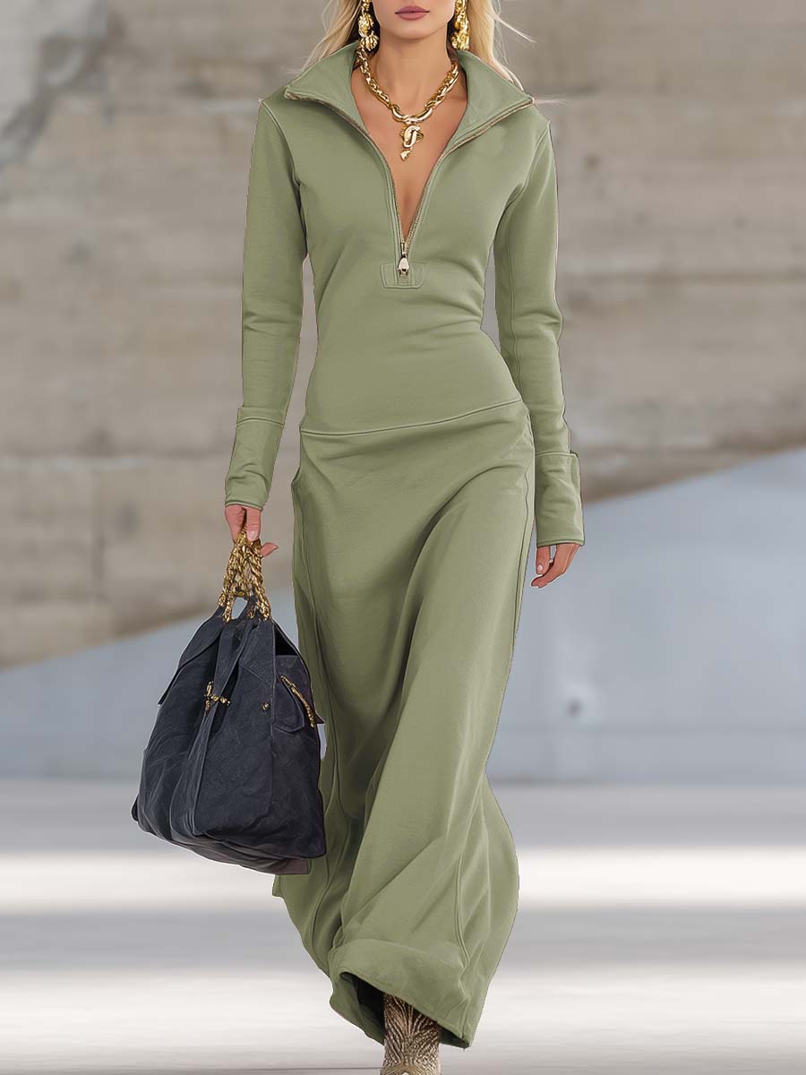 Women's Sporty V-Neck Zip Long Dress Long Sleeve Fitted Casual Formal Party Cowgirl Elegant - Lolly 
