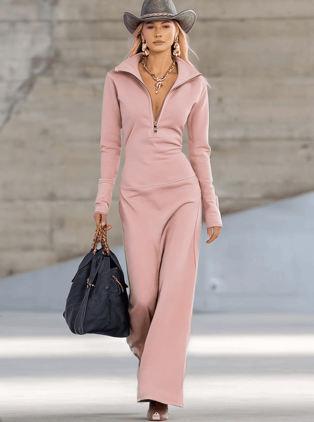 Women's Sporty V-Neck Zip Long Dress Long Sleeve Fitted Casual Formal Party Cowgirl Elegant - Lolly 