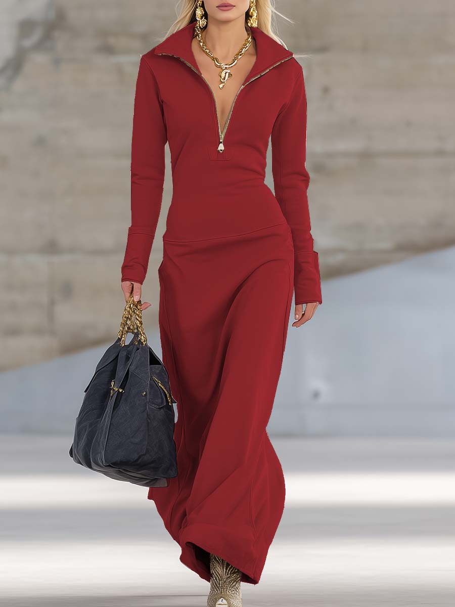 Women's Sporty V-Neck Zip Long Dress Long Sleeve Fitted Casual Formal Party Cowgirl Elegant - Lolly 