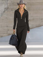 Women's Sporty V-Neck Zip Long Dress Long Sleeve Fitted Casual Formal Party Cowgirl Elegant - Lolly 