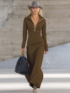 Women's Sporty V-Neck Zip Long Dress Long Sleeve Fitted Casual Formal Party Cowgirl Elegant - Lolly 