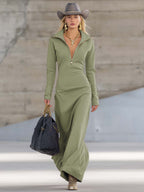Women's Sporty V-Neck Zip Long Dress Long Sleeve Fitted Casual Formal Party Cowgirl Elegant - Lolly 