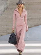 Women's Sporty V-Neck Zip Long Dress Long Sleeve Fitted Casual Formal Party Cowgirl Elegant - Lolly 