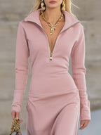 Women's Sporty V-Neck Zip Long Dress Long Sleeve Fitted Casual Formal Party Cowgirl Elegant - Lolly 