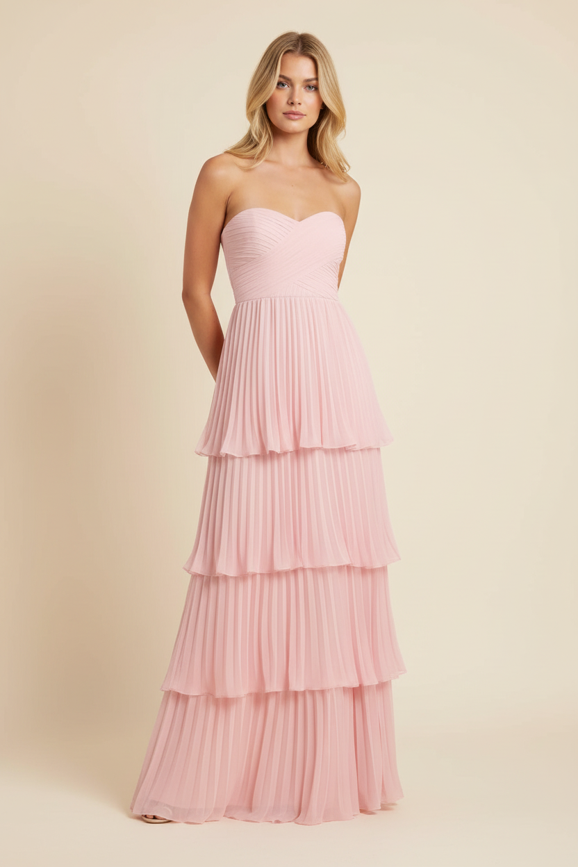 Women's Strapless Tiered Long Dress Formal Wedding Guest Garden Party Ceremony Gala Evening – Odessa Blush Pink - Lolly 