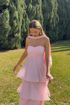 Women's Strapless Tiered Long Dress Formal Wedding Guest Garden Party Ceremony Gala Evening – Odessa Blush Pink - Lolly 
