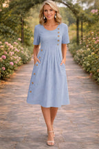 Women's Striped Button-Front Midi Dress Short Sleeve Round Neck Side Pockets A-Line Casual Summer Everyday Brunch Garden – Wanda - Lolly 