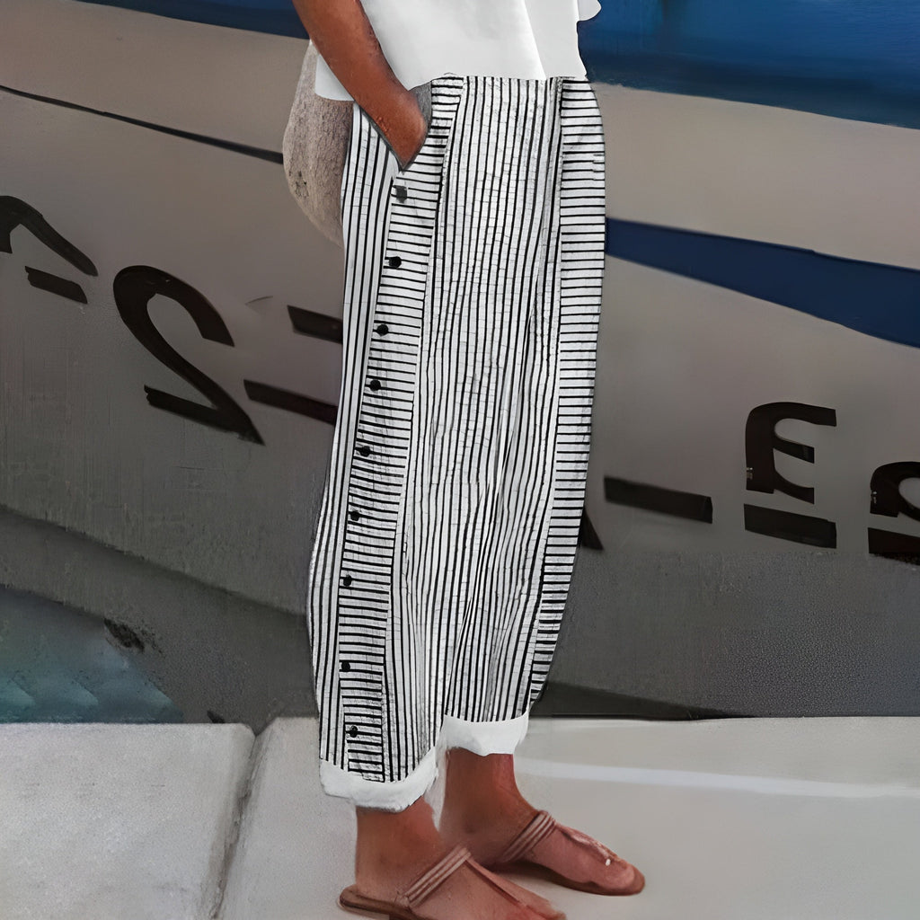 Women's Striped Linen Relaxed Tapered Pants Ankle Length Side Button Detail Nautical Casual Summer Beach Vacation Resort Everyday – Sandrine - Lolly 