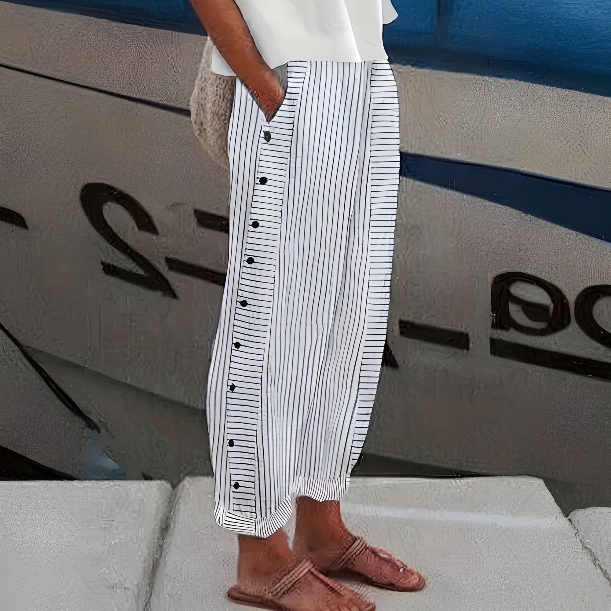 Women's Striped Linen Relaxed Tapered Pants Ankle Length Side Button Detail Nautical Casual Summer Beach Vacation Resort Everyday – Sandrine - Lolly 