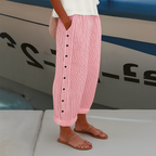 Women's Striped Relaxed Tapered Pants Ankle Length Side Button Detail Nautical Casual Beach Vacation - Lolly 