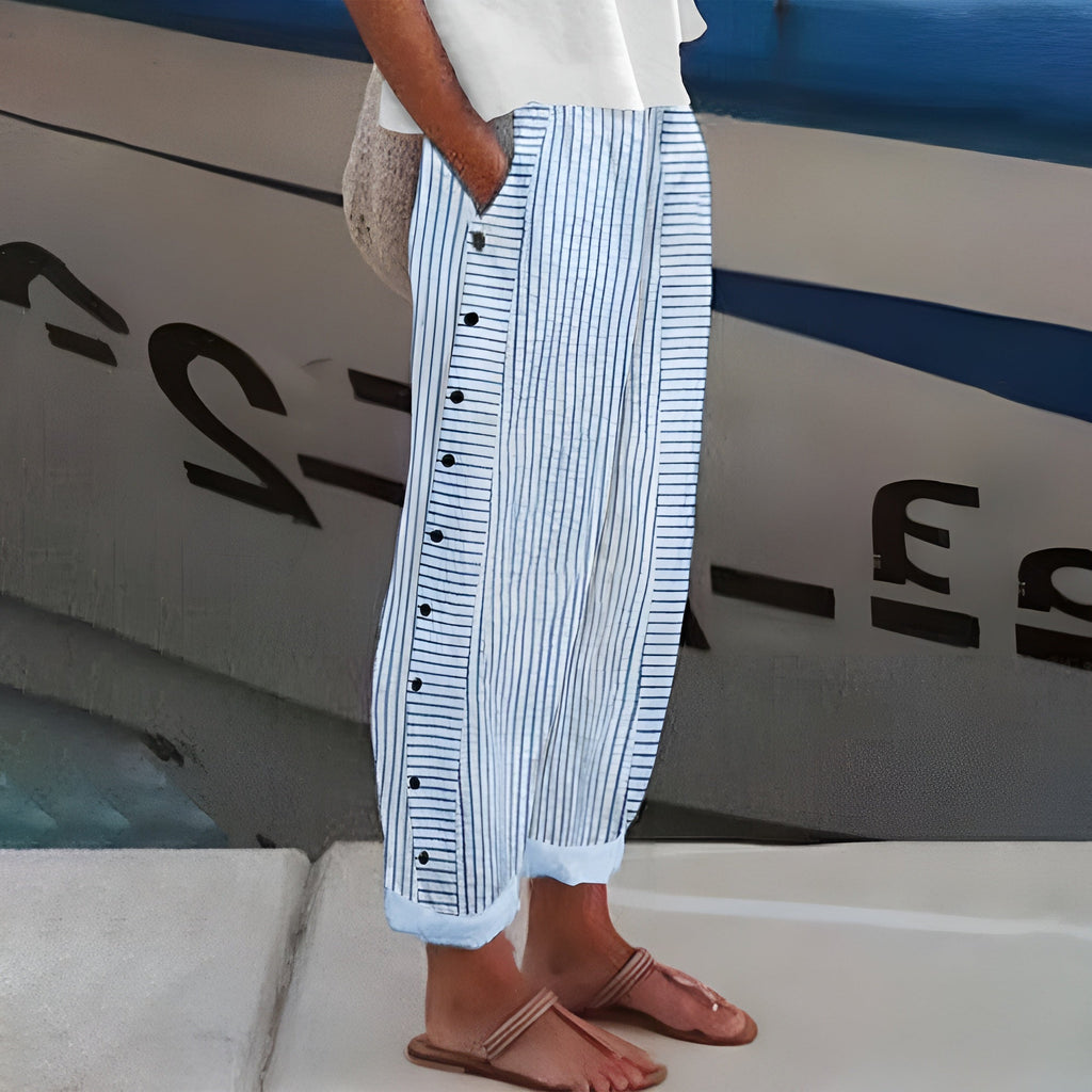 Women's Striped Relaxed Tapered Pants Ankle Length Side Button Detail Nautical Casual Beach Vacation - Lolly 