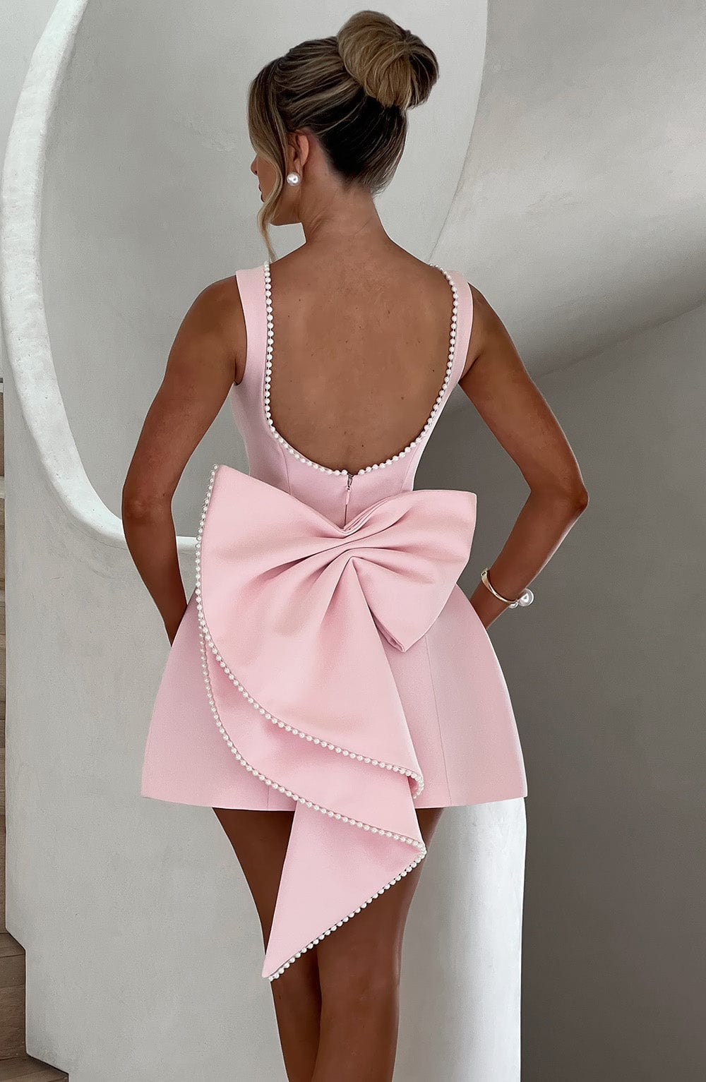 Women's Structured Bow Back Pearl Trim Mini Dress Cocktail Party Wedding Guest Bridal Shower Birthday Date Night – Blush - Lolly 