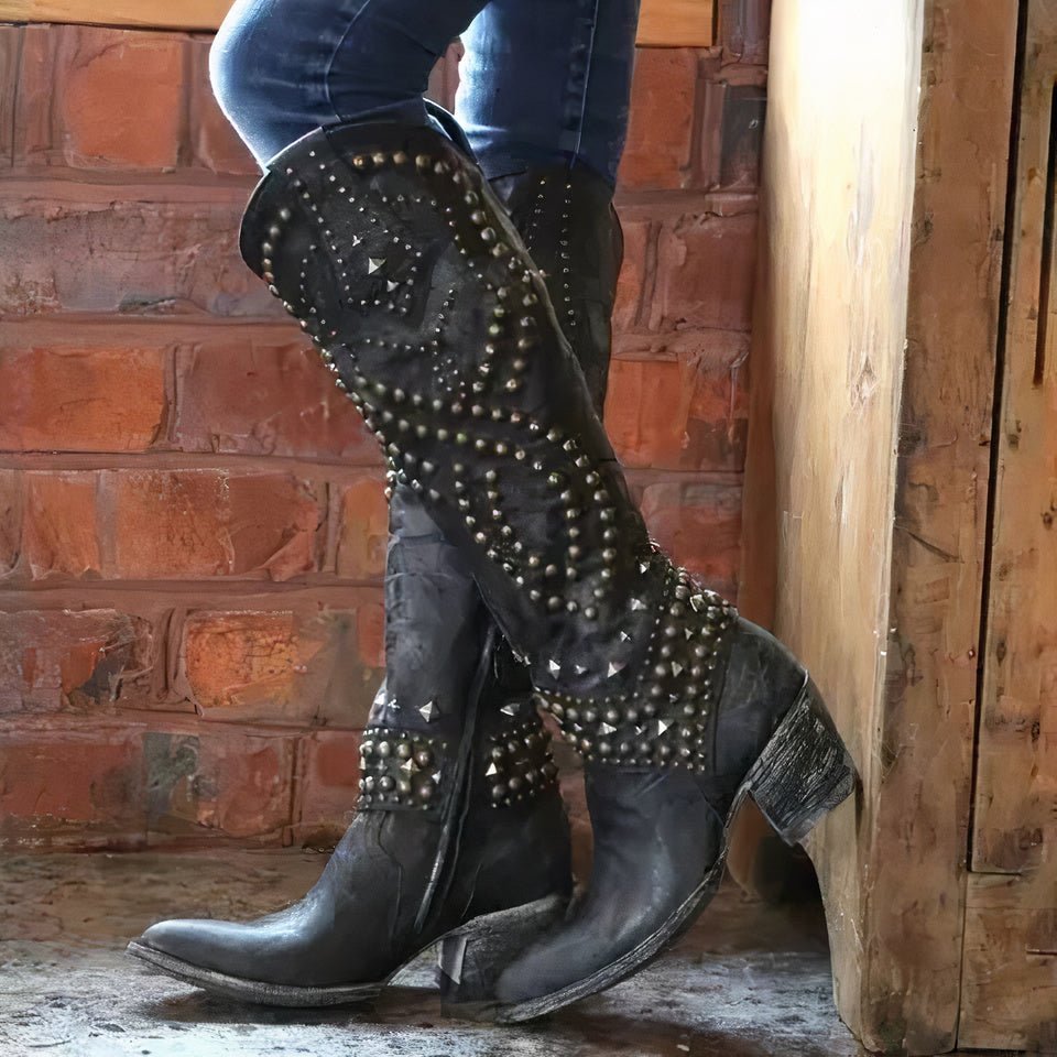 Women's Studded Cowboy Boots Block Heel Western Country Festival - Lolly 