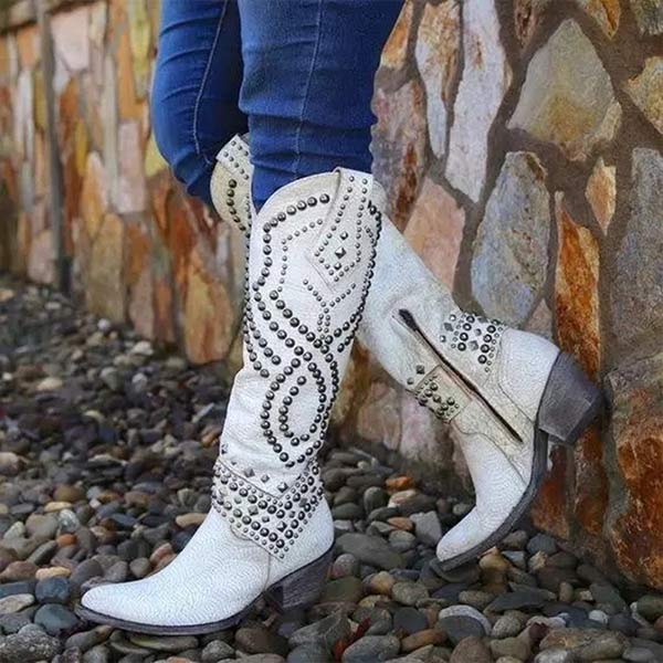 Women's Studded Cowboy Boots Block Heel Western Country Festival - Lolly 