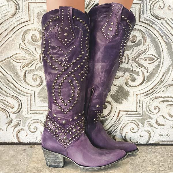 Women's Studded Cowboy Boots Block Heel Western Country Festival - Lolly 