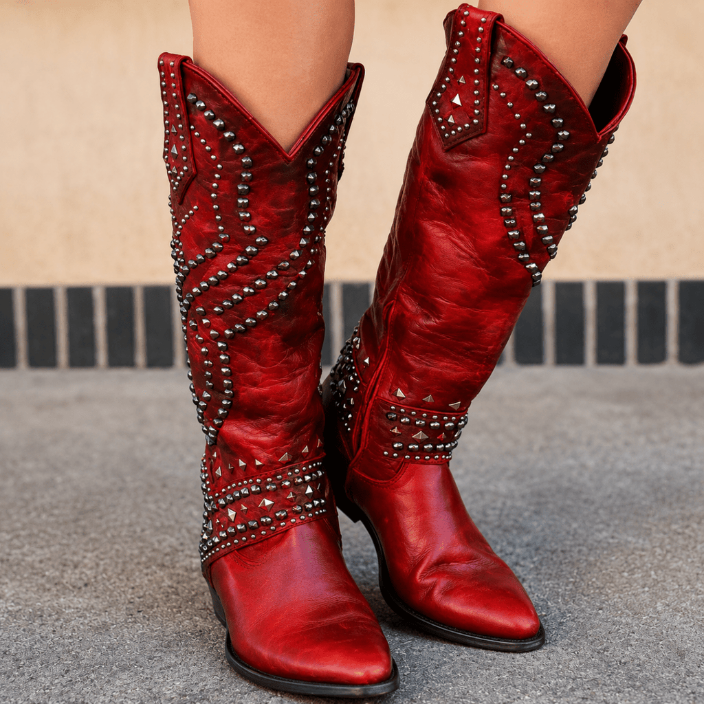 Women's Studded Cowboy Boots Block Heel Western Country Festival - Lolly 