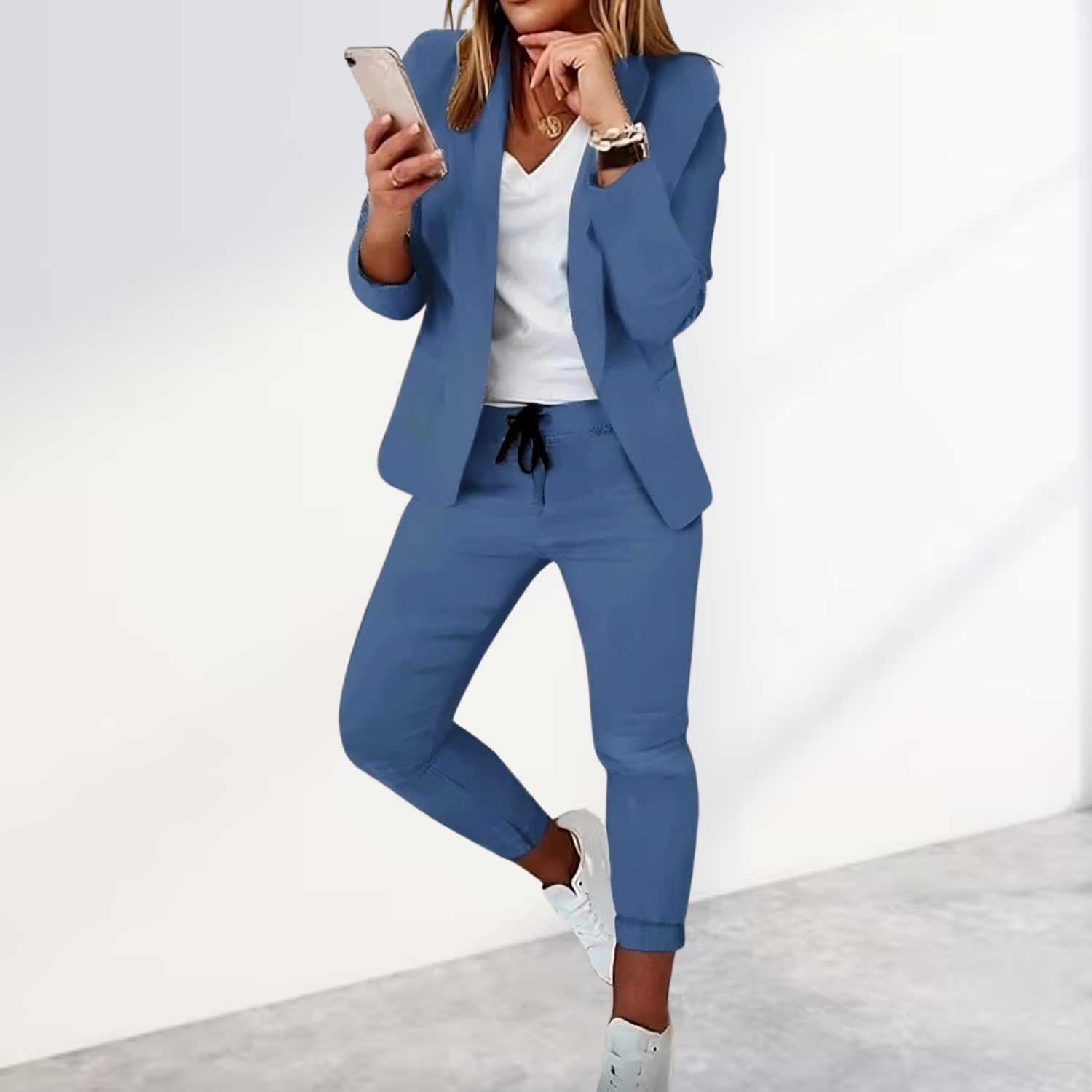 Women's Stylish Blazer & Jogger Trouser Set Business Casual Polyester Slim Fit Everyday – Black - Lolly 