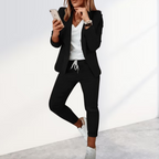 Women's Stylish Blazer & Jogger Trouser Set Business Casual Polyester Slim Fit Everyday – Black - Lolly 