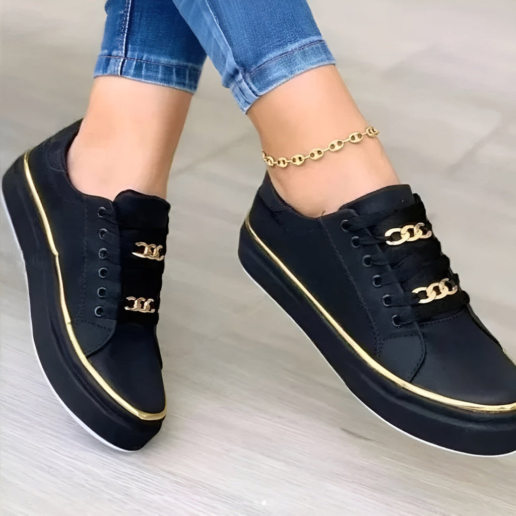 Women's Stylish Orthopedic Sneakers Shock-Absorbing Sole Lace-Up Gold Accents Casual – Alexya - Lolly 