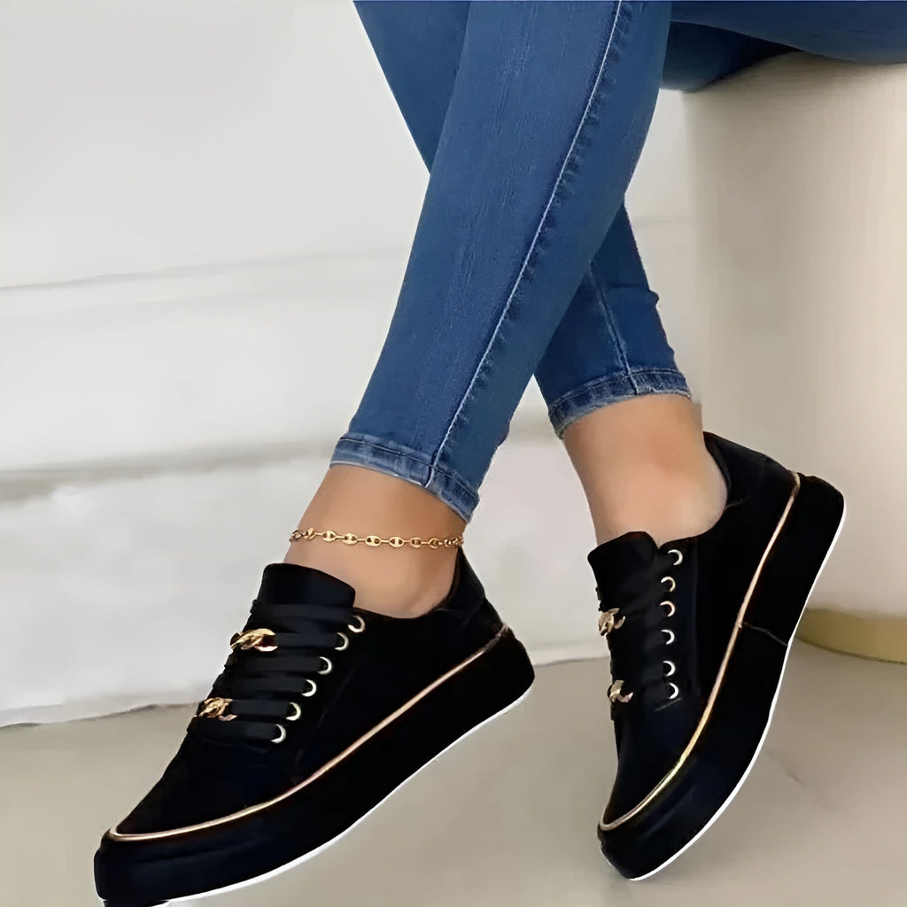 Women's Stylish Orthopedic Sneakers Shock-Absorbing Sole Lace-Up Gold Accents Casual – Alexya - Lolly 