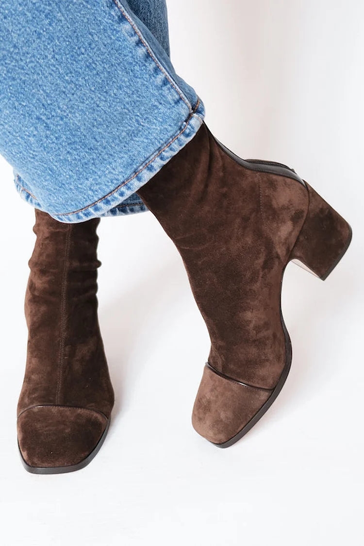 Women's Suede Block Heel Ankle Boots Square Toe Zip-Up Fall Winter - Lolly 