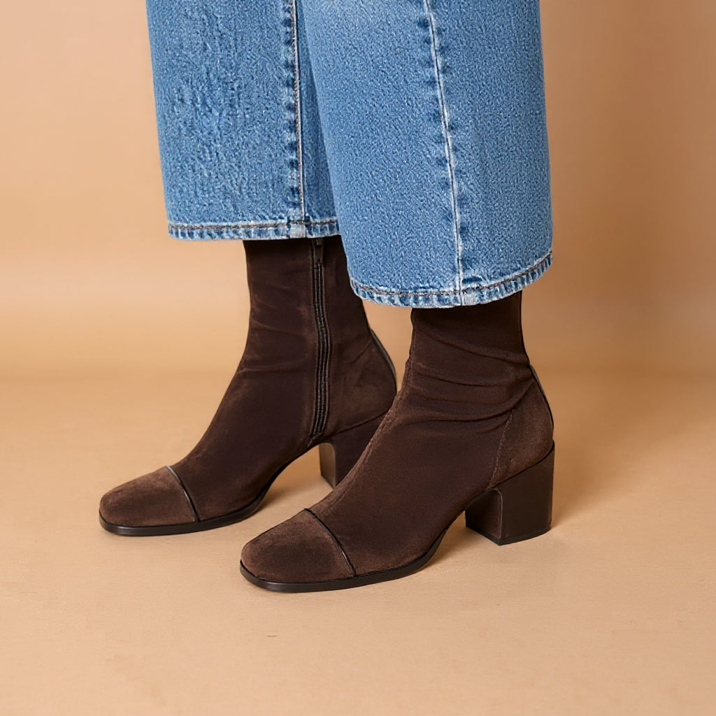 Women's Suede Block Heel Ankle Boots Square Toe Zip-Up Fall Winter - Lolly 