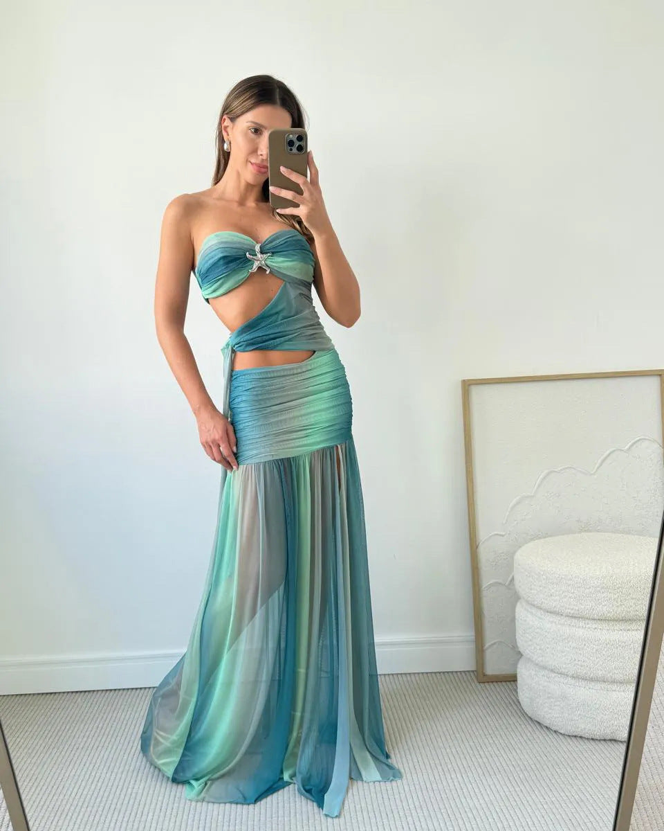 Women's Summer Party Dress Strapless Mesh Cutout Long Fluid A-Line Relaxed Elegant – Wren - Lolly 