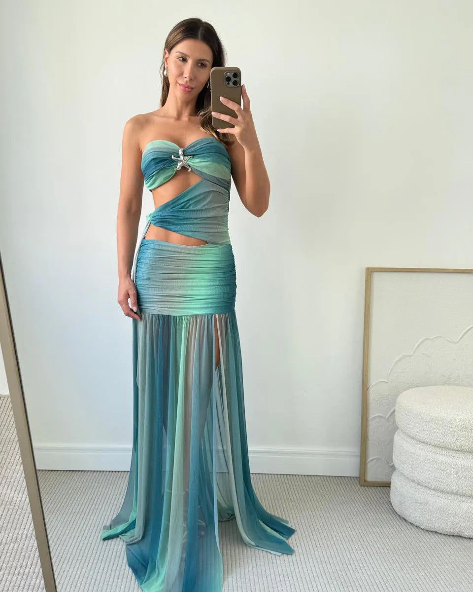 Women's Summer Party Dress Strapless Mesh Cutout Long Fluid A-Line Relaxed Elegant – Wren - Lolly 