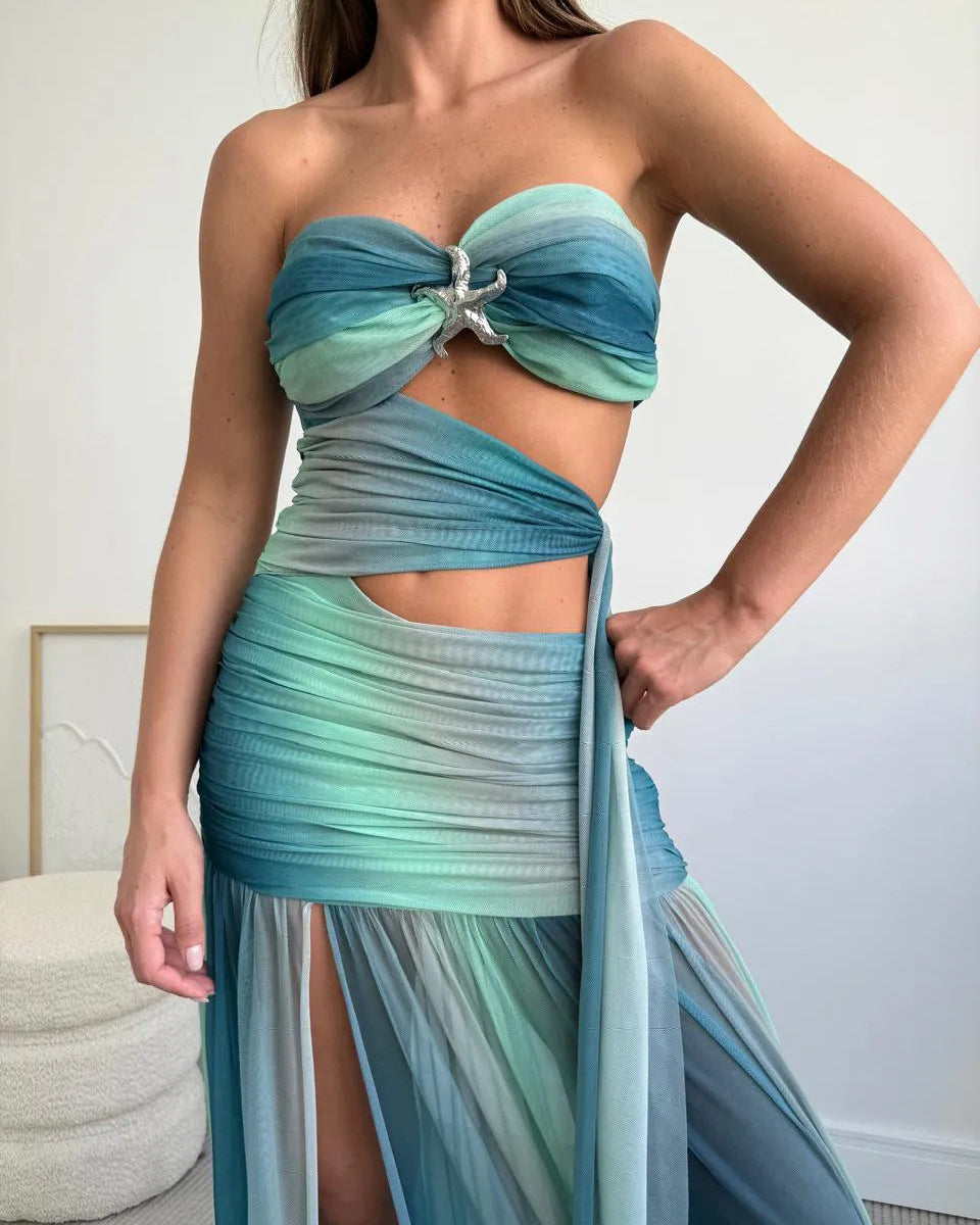 Women's Summer Party Dress Strapless Mesh Cutout Long Fluid A-Line Relaxed Elegant – Wren - Lolly 