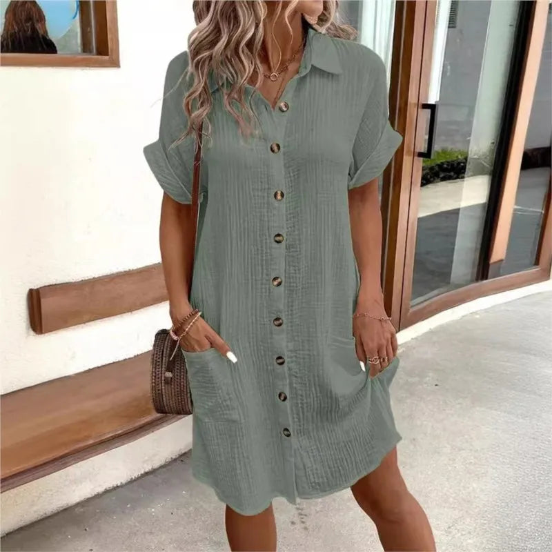 Women's Summer Shirt Dress Collar Button-Down Short Sleeve Pockets Casual Linen Look Easy Care – Carlijn - Lolly 