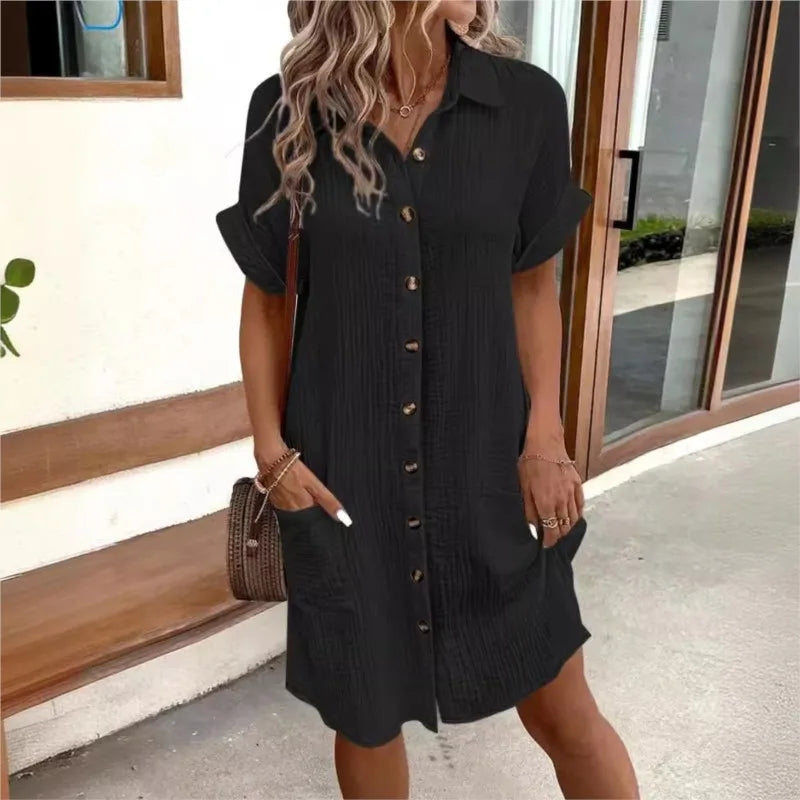 Women's Summer Shirt Dress Collar Button-Down Short Sleeve Pockets Casual Linen Look Easy Care – Carlijn - Lolly 