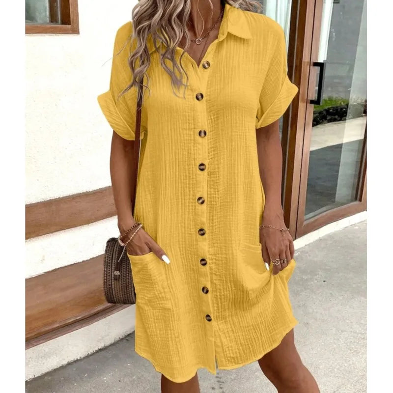 Women's Summer Shirt Dress Collar Button-Down Short Sleeve Pockets Casual Linen Look Easy Care – Carlijn - Lolly 