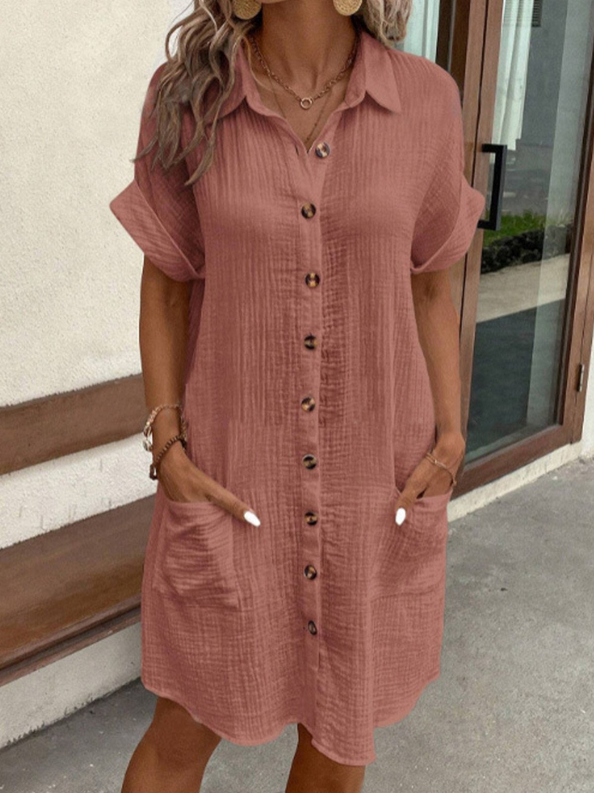 Women's Summer Shirt Dress Collar Button-Down Short Sleeve Pockets Casual Linen Look Easy Care – Carlijn - Lolly 