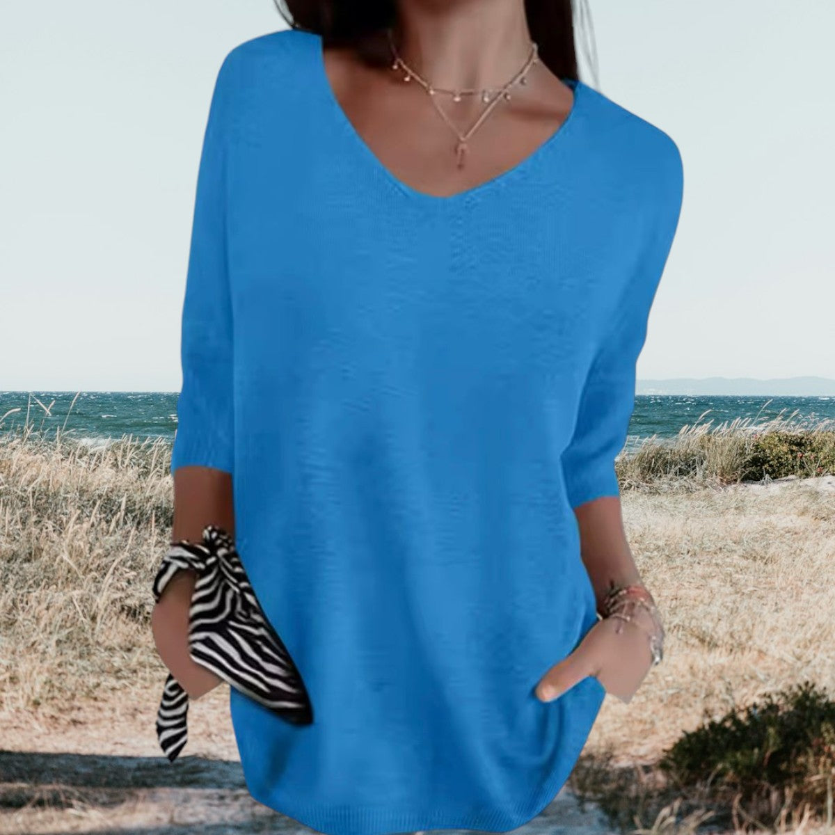 Women's Summer V-Neck Knit Top Lightweight Relaxed Fit Casual Everyday Versatile Soft – Gerda - Lolly 
