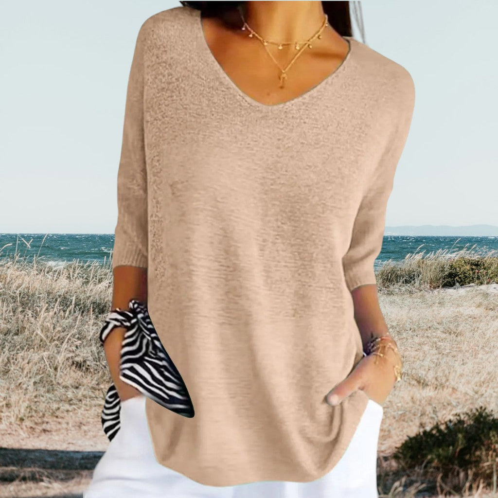 Women's Summer V-Neck Knit Top Lightweight Relaxed Fit Casual Everyday Versatile Soft – Gerda - Lolly 