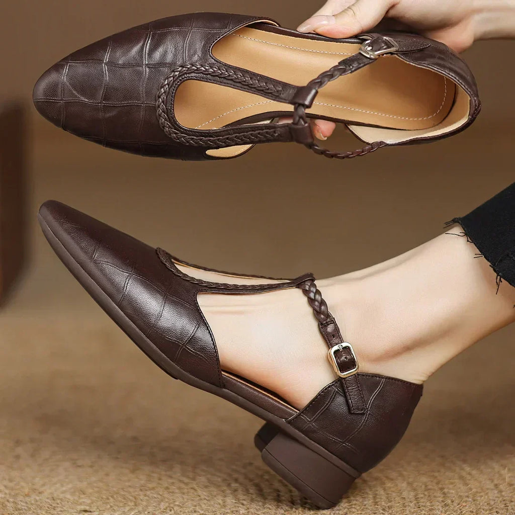 Women's T-Strap Mary Jane Flats Braided Leather Round Toe Buckle Work Casual Walking - Lolly 