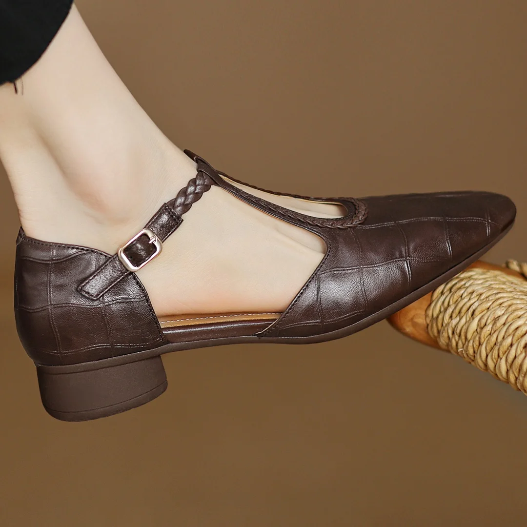 Women's T-Strap Mary Jane Flats Braided Leather Round Toe Buckle Work Casual Walking - Lolly 