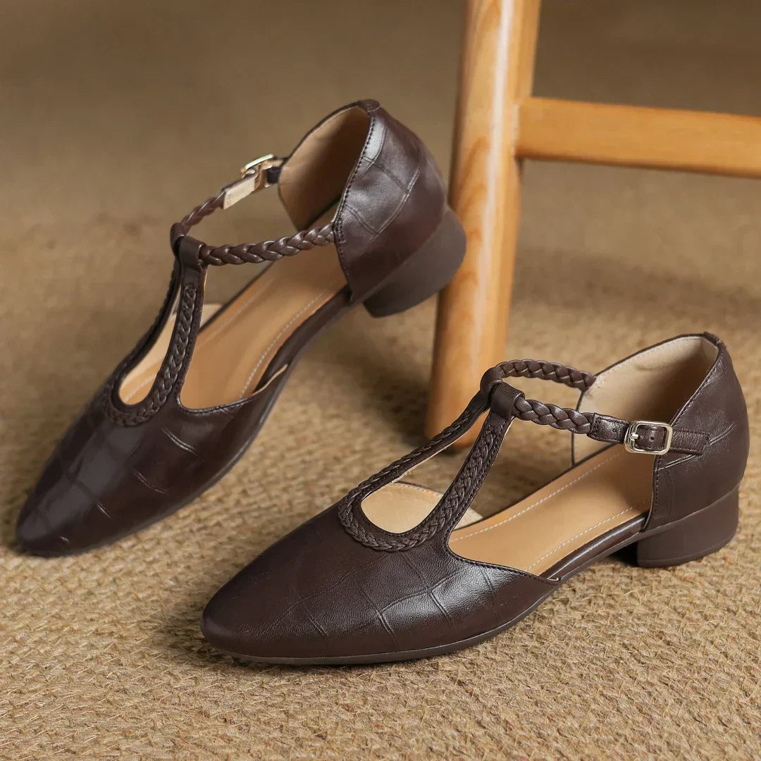 Women's T-Strap Mary Jane Flats Braided Leather Round Toe Buckle Work Casual Walking - Lolly 